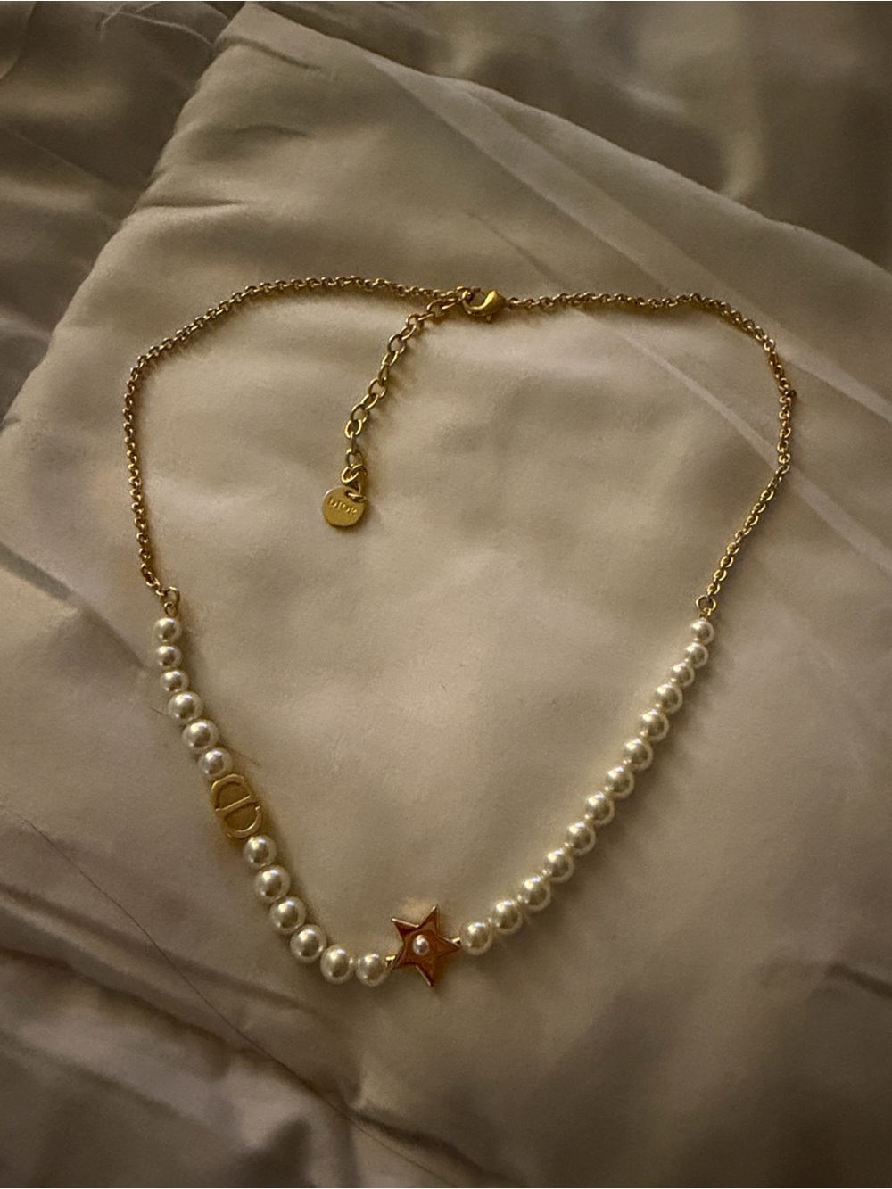 Dior Pearl Necklace with Gold Star and Chain
